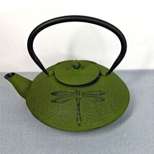 Japanese Tetsubin Teapot Green Cast Iron Dragonfly Enamel Interior NIB